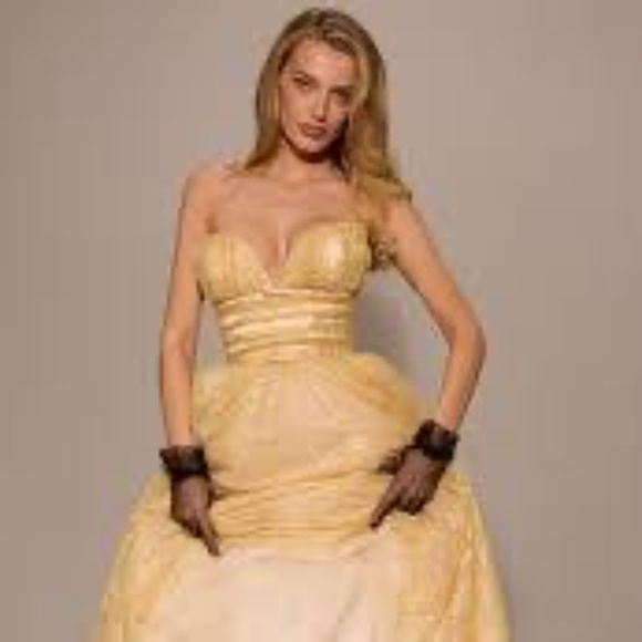 House of CB Madame Gold Metallic Lace Strapless Tulle Midi Gown Size M bigger cu - Picture 5 of 11